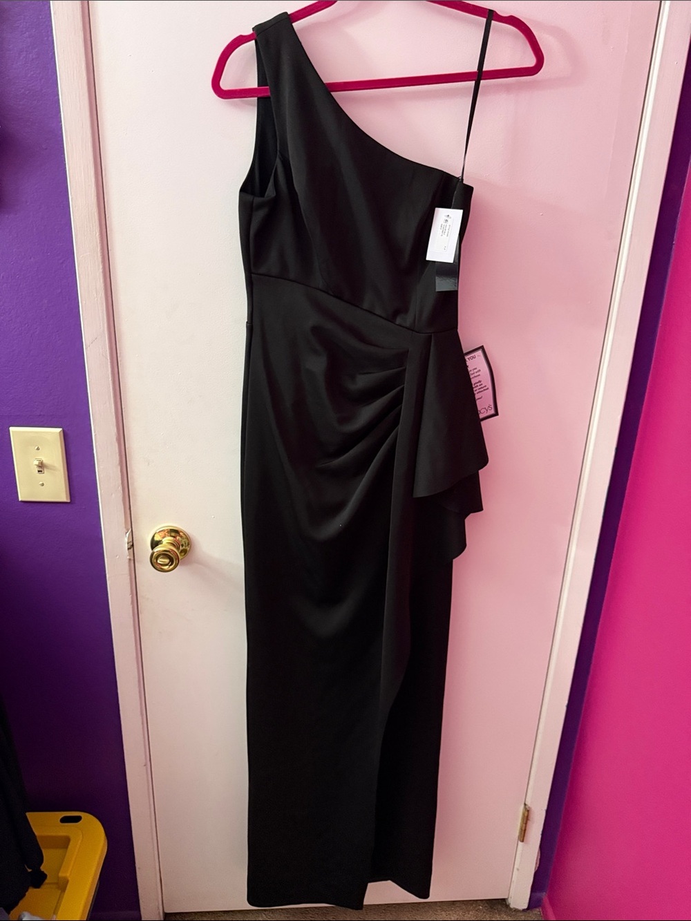 Xscape One-Shoulder Black Evening Gown with Side Drape